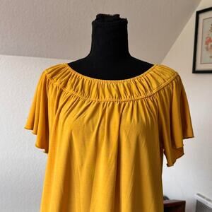 Diana Belle Golden yellow flowy ruched top sz L boho cottagecore slinky prairie